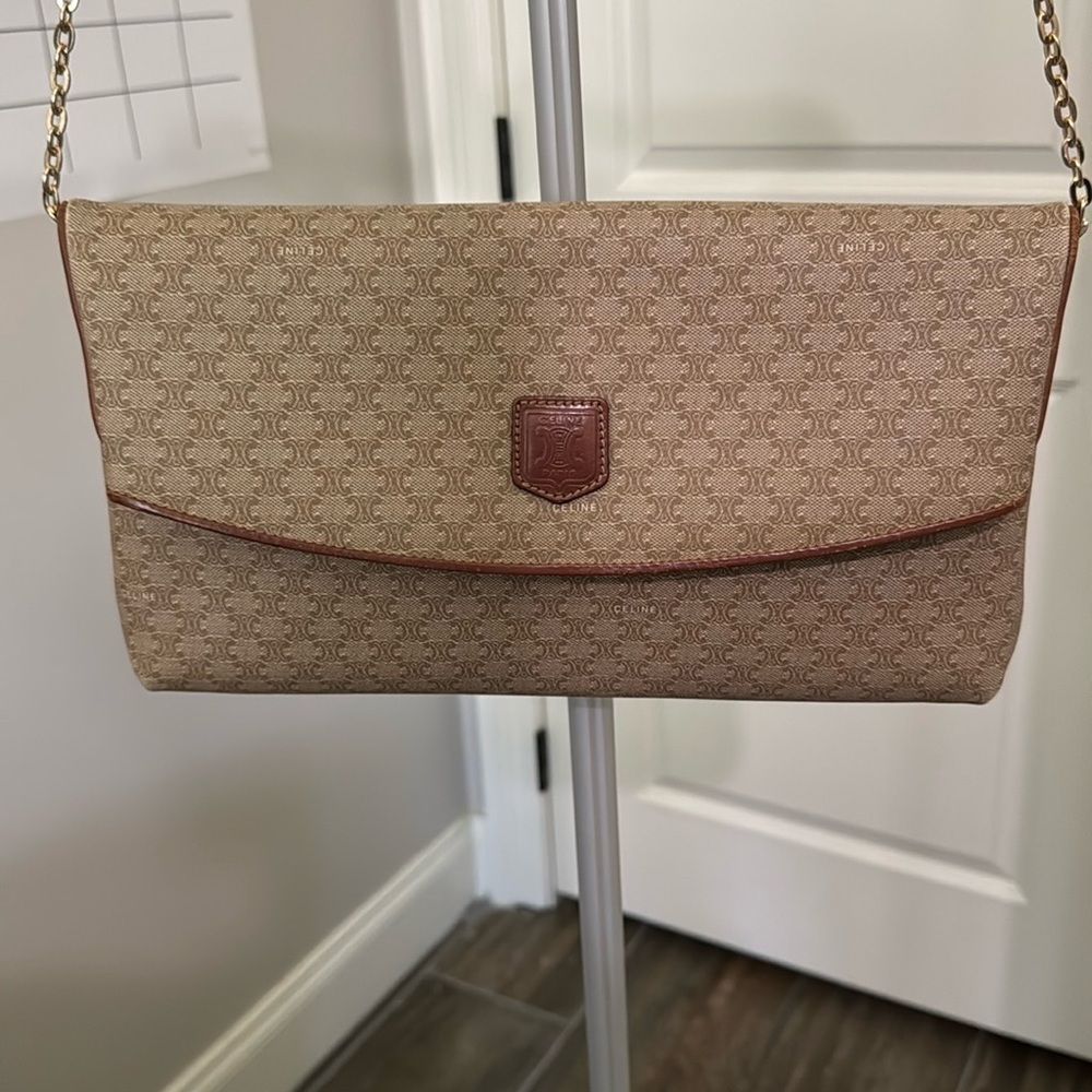 Celine Macadam Shoulder Bag Clutch Beige Brown Leather